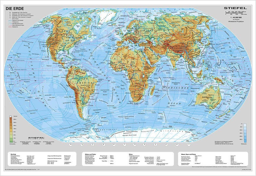 Die Erde, physisch 1 : 40 000 000. Wandkarte Kleinformat ohne Metallstäbe