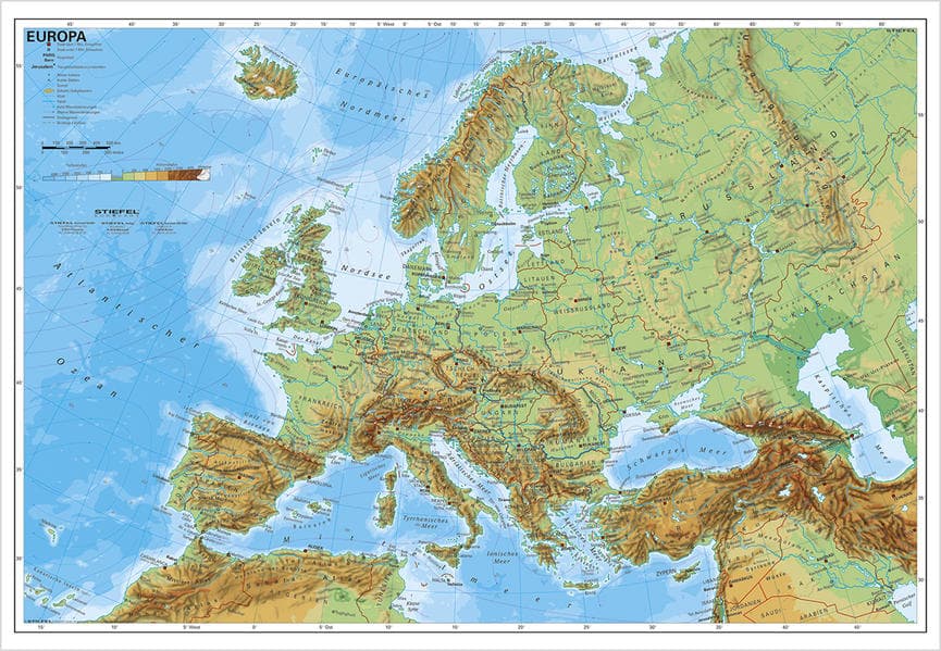 Europa, physisch 1 : 7 500 000. Wandkarte Kleinformat ohne Metallstäbe