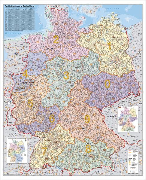 Deutschland Postleitzahlenkarte Kleinformat. Wandkarte ohne Metallstäbe