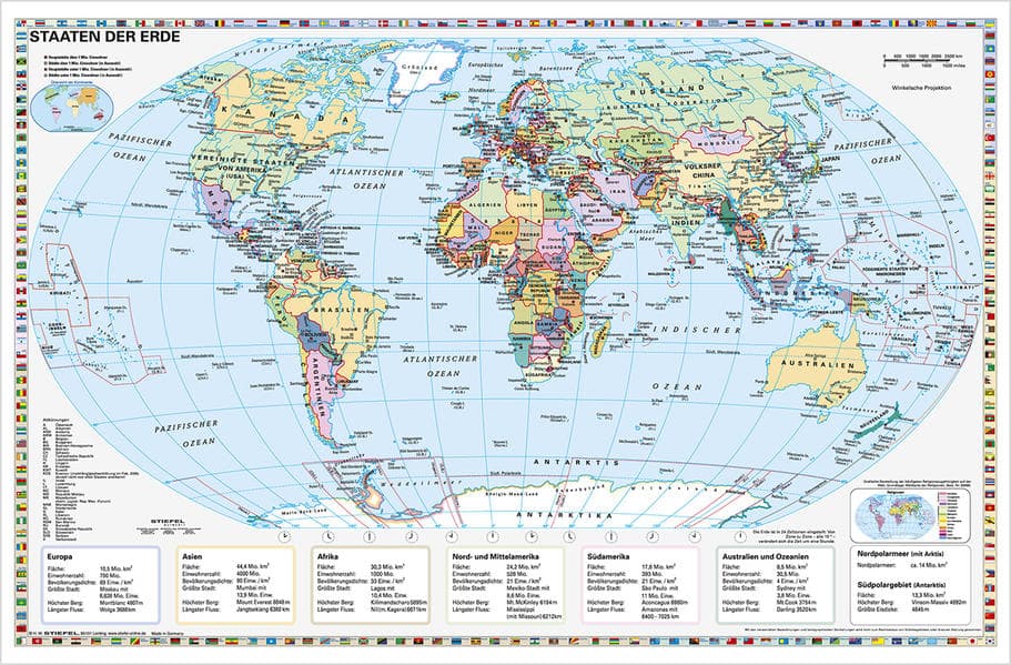 Staaten der Erde, politisch 1 : 40 000 000. Wandkarte Kleinformat ohne Metallstäbe