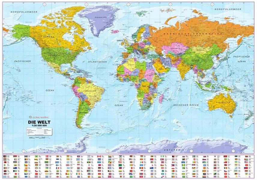 Politische Weltkarte 1 : 30 000 000 mit Flaggen