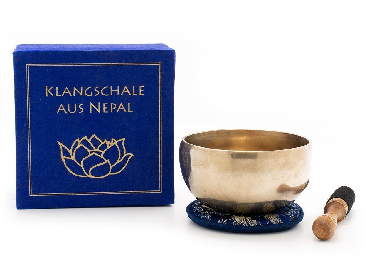 Klangschale in blauer Geschenkbox S mit Lotus-Aufdruck und Zubehör