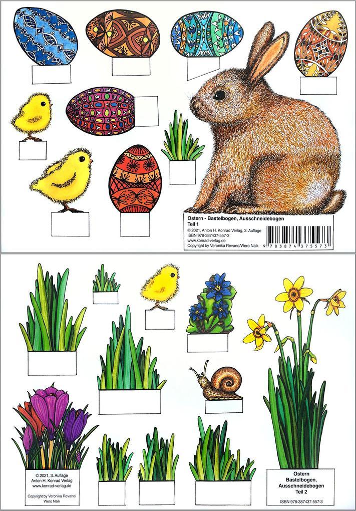 Ostern - Bastelbogen, Ausschneidebogen: Osterhase, Ostereier, Küken und Blumen zum Basteln.