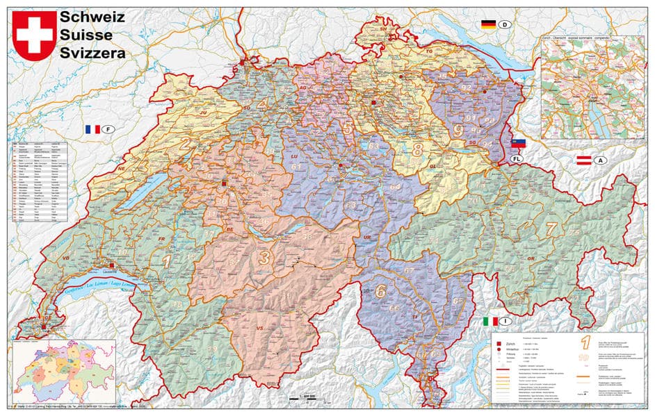 Schweiz Postleitzahlen 1 : 400 000. Wandkarte laminiert Poster