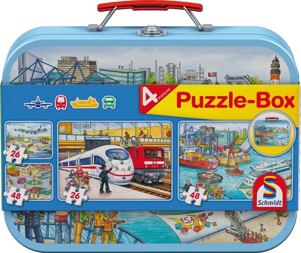 Schmidt Spiele - Verkehrsmittel, Puzzle-Box, 2x26, 2x48 Teile im Metallkoffer