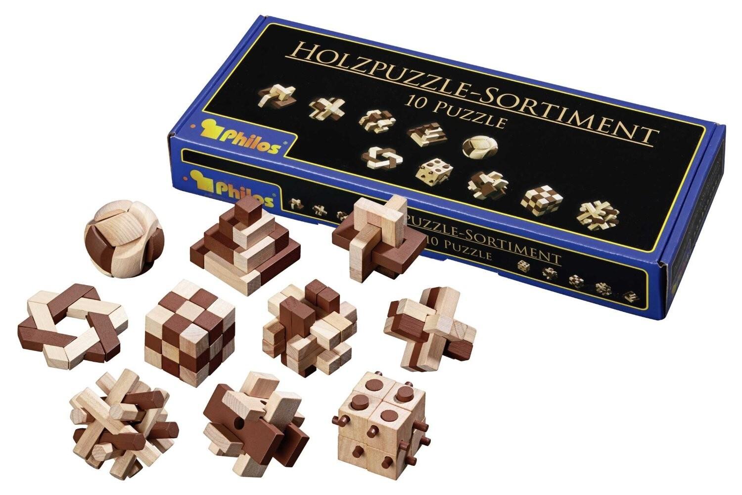 Philos 6922 - Holzpuzzle-Sortiment, mit 10 unterschiedlichen Knobelspielen