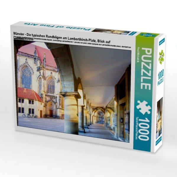 Münster - Die typischen Rundbögen am Lambertikirch-Platz, Blick auf Lambertikirche (Puzzle)