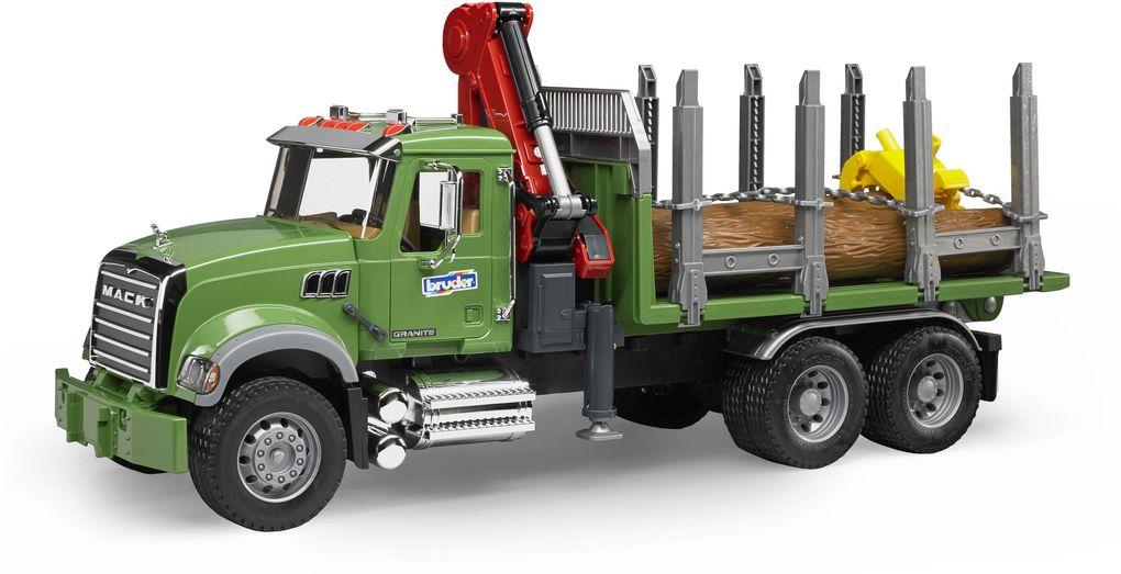 Bruder - MACK Granite Holztransport LKW, Ladekran, Greifer + 3 Baumstämmen