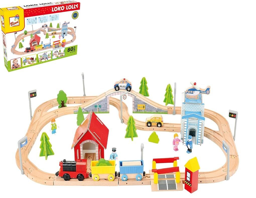 Bino 82207 - Loko Lolly Holzeisenbahn, Spielset, 80-teilig, elektronische Lok mit Waggons