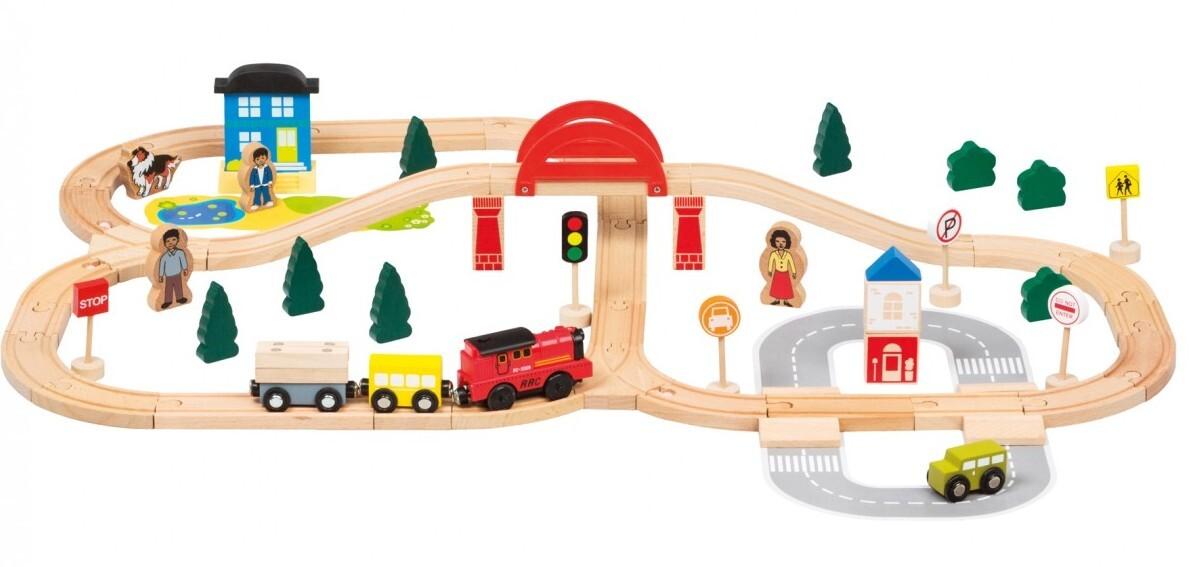 Bino 82208 - Holzeisenbahn, Spielset, 70-teilig, batteriebetriebene Lok mit Waggons