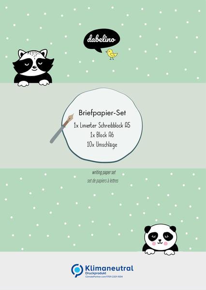 Liniertes Briefpapier-Set für Kinder: Tiere (Panda + Waschbär, für Mädchen und Jungen, grün)