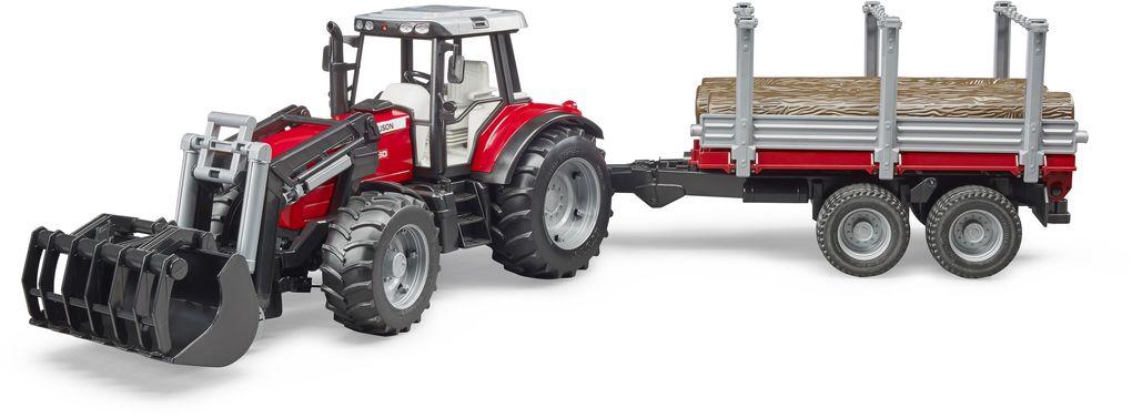 Bruder - Massey Ferguson 7480 mit Frontlader und Holztransportanhänger und 3 Bau