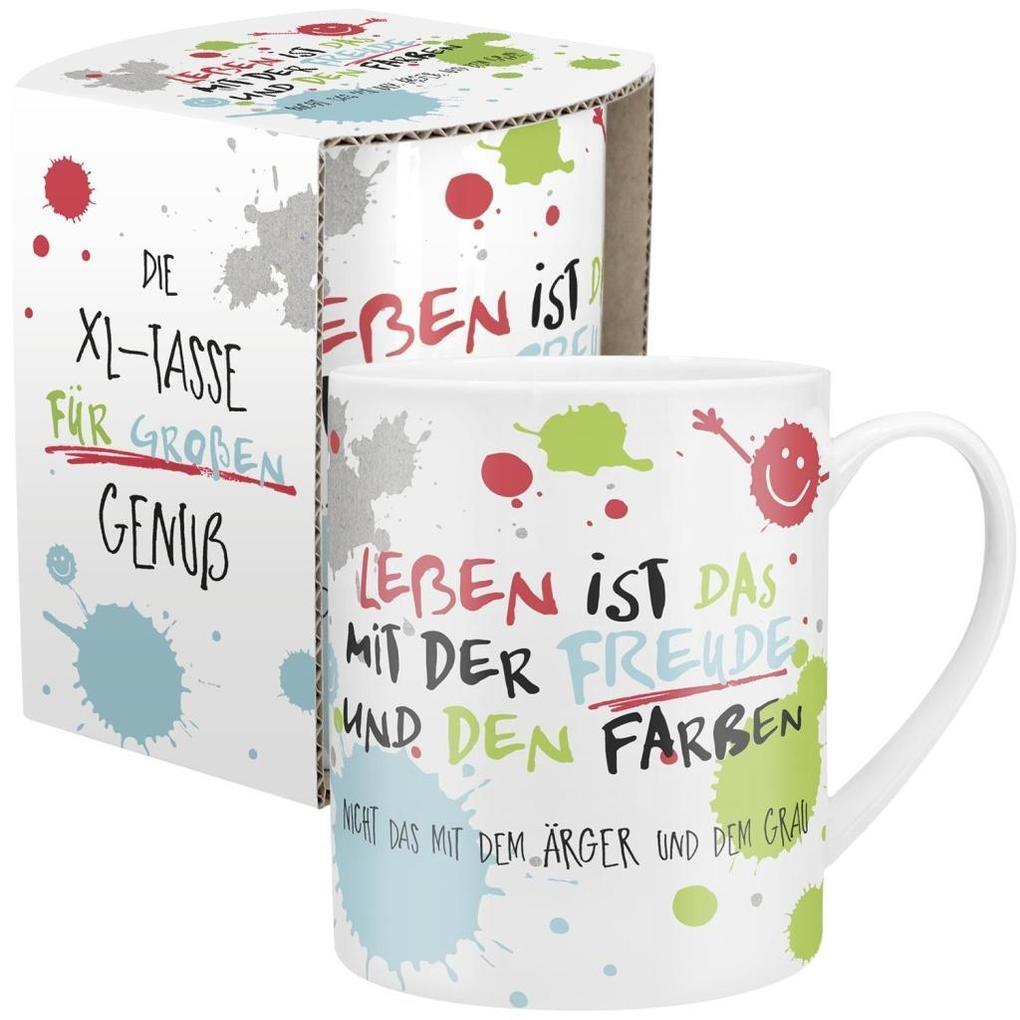 Happy Life 45358 XL Tasse mit Motivdruck: "Leben ist das mit der Freude und den Farben. Nicht das mit dem Ärger und dem Grau", mit Geschenkbanderole