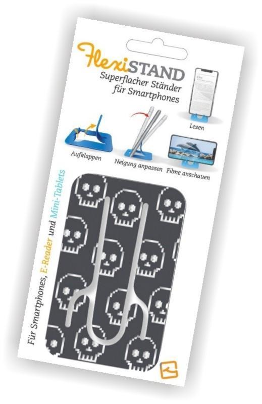 Flexistand (Totenkopf) | flexibler Handyaufsteller | für alle Handys und Mini-Tablets | superflach | stufenlos verstellbar | hochkant und quer | passt in jede Hosentasche