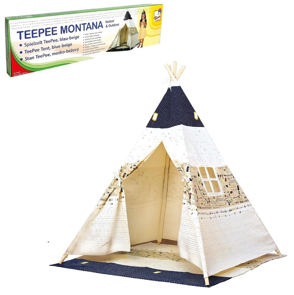 Bino 82820 - TeePee Montana Spielzelt, Tipi, Indianer Zelt, Maße:120x120x150cm, Kinderzelt, blau-beige