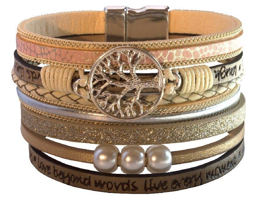 Armband "Baum des Lebens" Kunstleder beige, Metall silberfarben