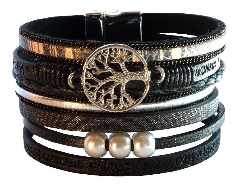 Armband "Baum des Lebens" Kunstleder schwarz, Metall silberfarben