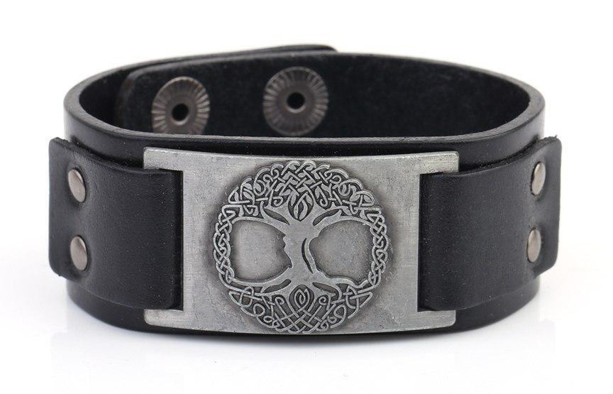 Armband "Baum des Lebens" Leder, schwarz, Metalllegierung, silberfarben