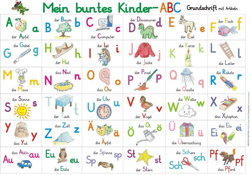 Mein buntes Kinder-ABC Grundschrift mit Artikeln Lernposter DIN A3 laminiert