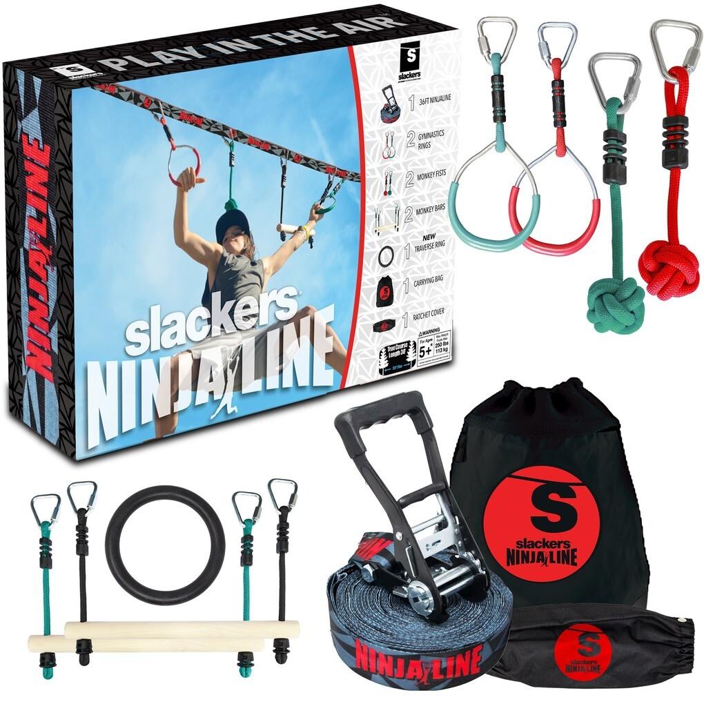 Schildkröt 980024 - Fun Sports, Slackers Ninja Line Starter Set, 11 Meter Hangelparcour, tolles 11-teiliges Komplettset, auch als Slackline nutzbar, mit 7 Hindernissen