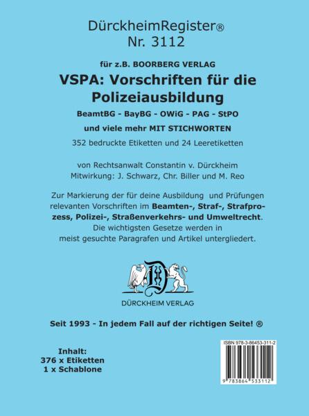 DürckheimRegister® Nr. 3112 VSPA: Vorschriften für die Polizeiausbildung