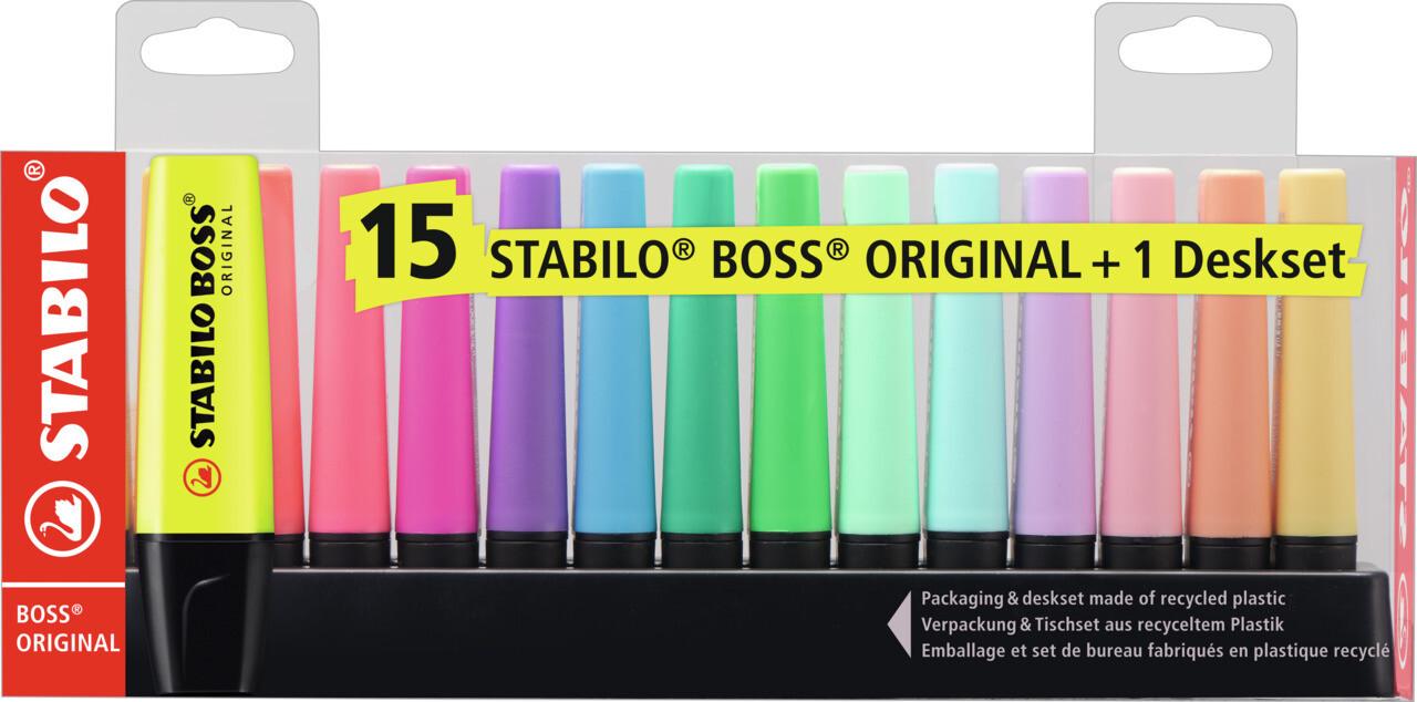 STABILO Textmarker BOSS ORIGINAL, 15er Set Leuchtfarben + Pastellfarben