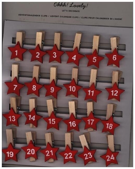 Adventskalender Clips mit Stern, Holz, rot