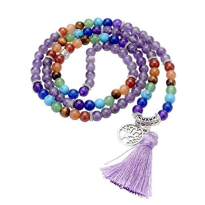 Mala "Chakra Lebensbaum" 108 Amethyst- und Chakra Edelsteine mit Metall Anhänger