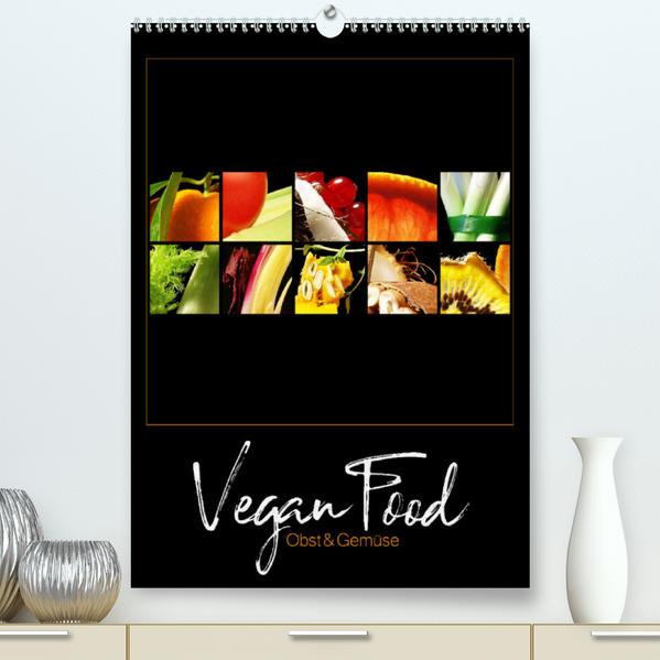 Vegan Food Kalender - Obst und Gemüse auf Schwarz (Premium, hochwertiger DIN A2 Wandkalender 2023, K