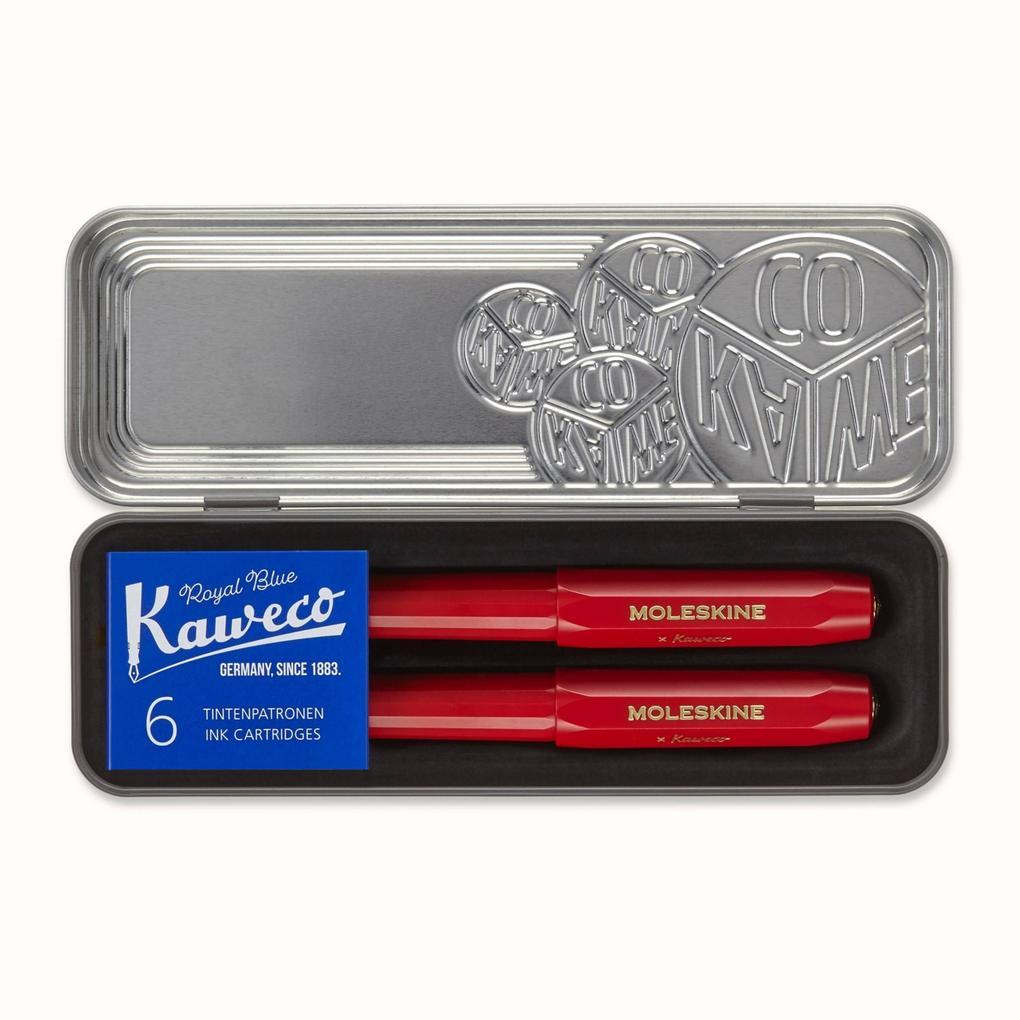 Moleskine Kaweco Ballpoint and Foutain Pen Set, Red, Medium Point and Medium Nib (0.7 MM), Blue Ink