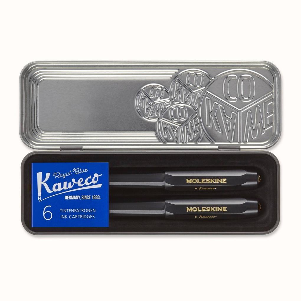 Moleskine Kaweco Ballpoint and Foutain Pen Set, Black, Medium Point and Medium Nib (0.7 MM), Blue Ink