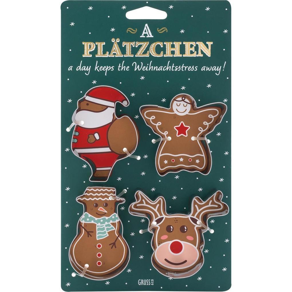 GRUSS & CO Keksausstecher-Set bestehend aus Weihnachtsmann, Schneemann, Schutzengel und Rentier, mit Plätzchen-Rezept auf der Rückseite