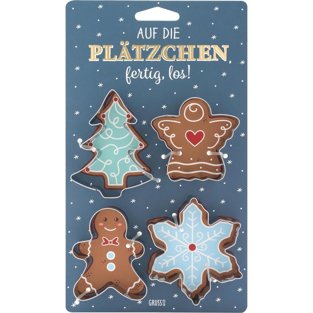 GRUSS & CO Keksausstecher-Set bestehend aus Weihnachtsbaum, Pfefferkuchenmann, Schutzengel und Schneeflocke, mit Plätzchen-Rezept auf der Rückseite