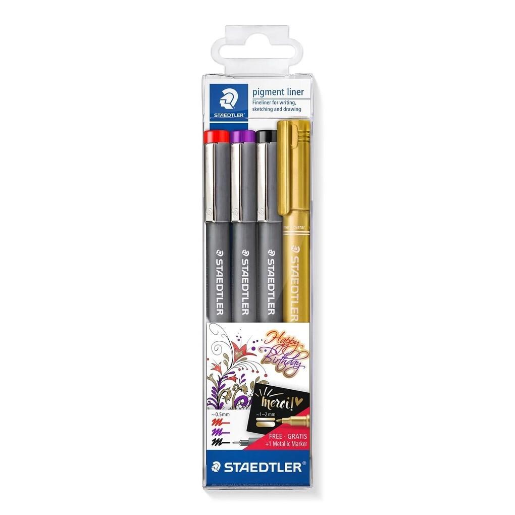 STAEDTLER Fineliner pigment liner 308 + metallic pen, 4er Set