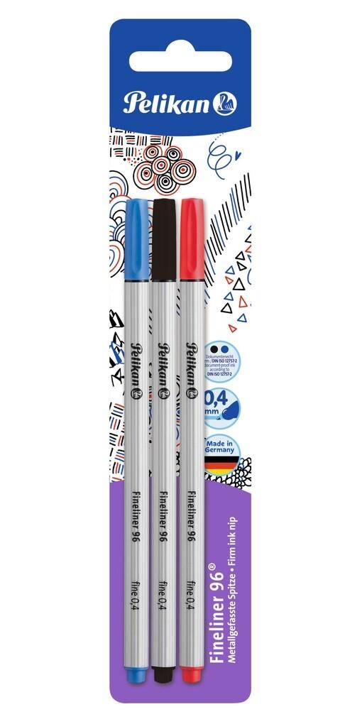 Pelikan Fineliner 96®, in den Farben Schwarz, Blau, Rot, 3er Set