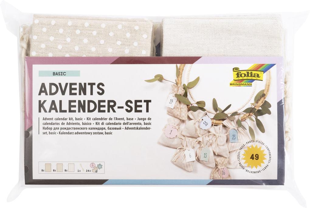 Folia Adventskalender-Set BASIC, Stoffbeutel, 49-teilig, Beutelgröße 10x13cm, mit Motivdruck