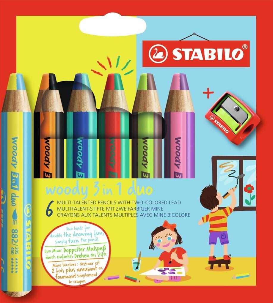 STABILO Bunststifte woody 3in1 duo 6er Set + Spitzer