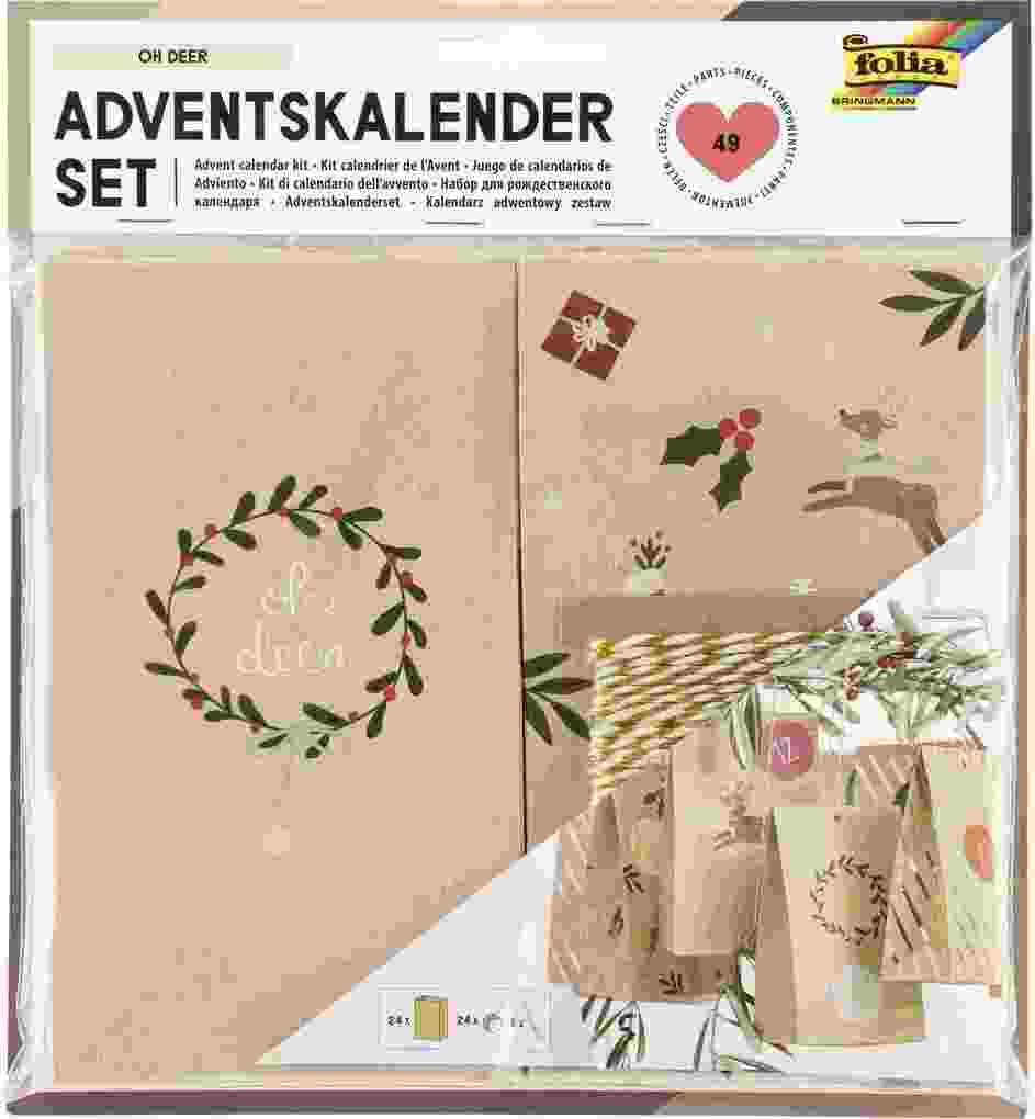 Folia Adventskalender Set OH DEER, aus 24 Blockbodenbeutel, Kordel & Sticker