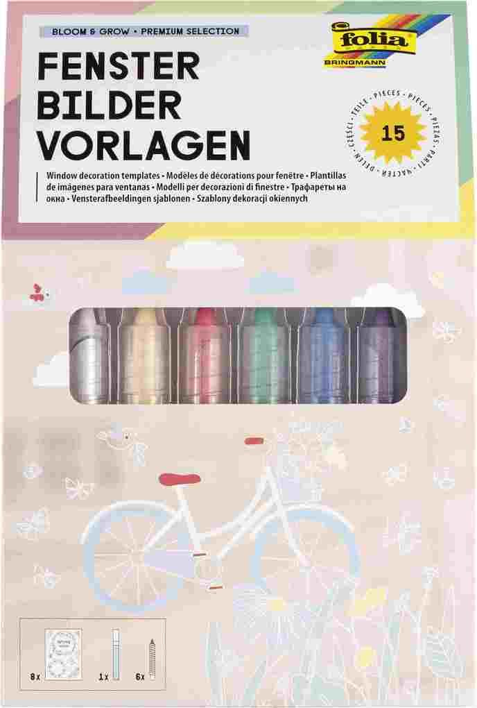 Folia Fensterbilder Vorlagen BLOOM & GROW - Premium, 8x Vorlagen,1x Kreidemarker, 6x Kreidestift