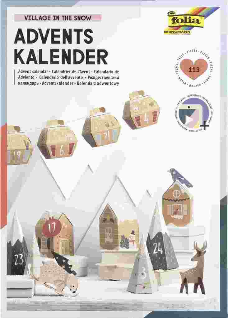 Folia Adventskalender Bastelset VILLAGE IN THE SNOW, aus 24 Faltschachteln, Anhänger, Kordel & Sticker