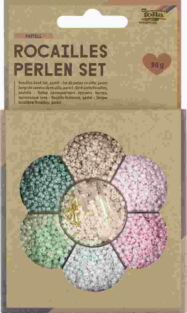 Folia Rocailles-Perlen-Set PASTELL, ~90g Perlen, 3x1m Nylonfaden, 3 Verschlüsse