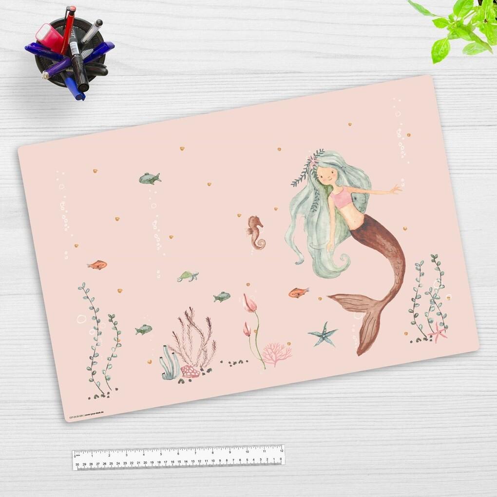 cover-your-desk Schreibtischunterlage für Kinder und Erwachsene Meerjungfrau im rosa Meer, aus hochwertigem Vinyl , 60 x 40 cm
