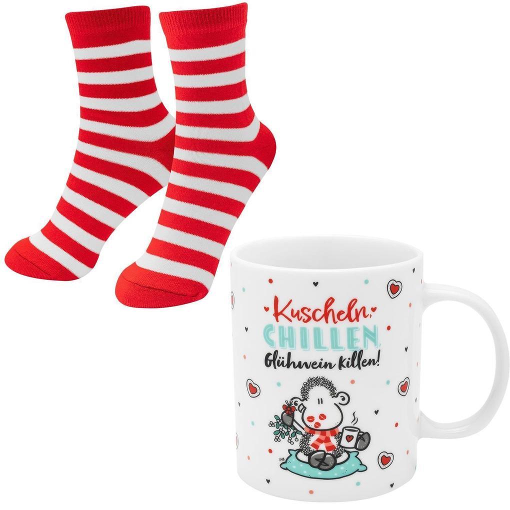 Sheepworld Tassen-Socken-Set bestehend aus einer Tasse mit Motivdruck: "Kuscheln, Chillen, Glühwein killen!" und einem Paar Socken in Größe 36-40