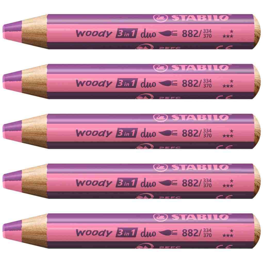 STABILO woody 3 in 1 duo - zweifarbige Mine, 5er Set pink/erika