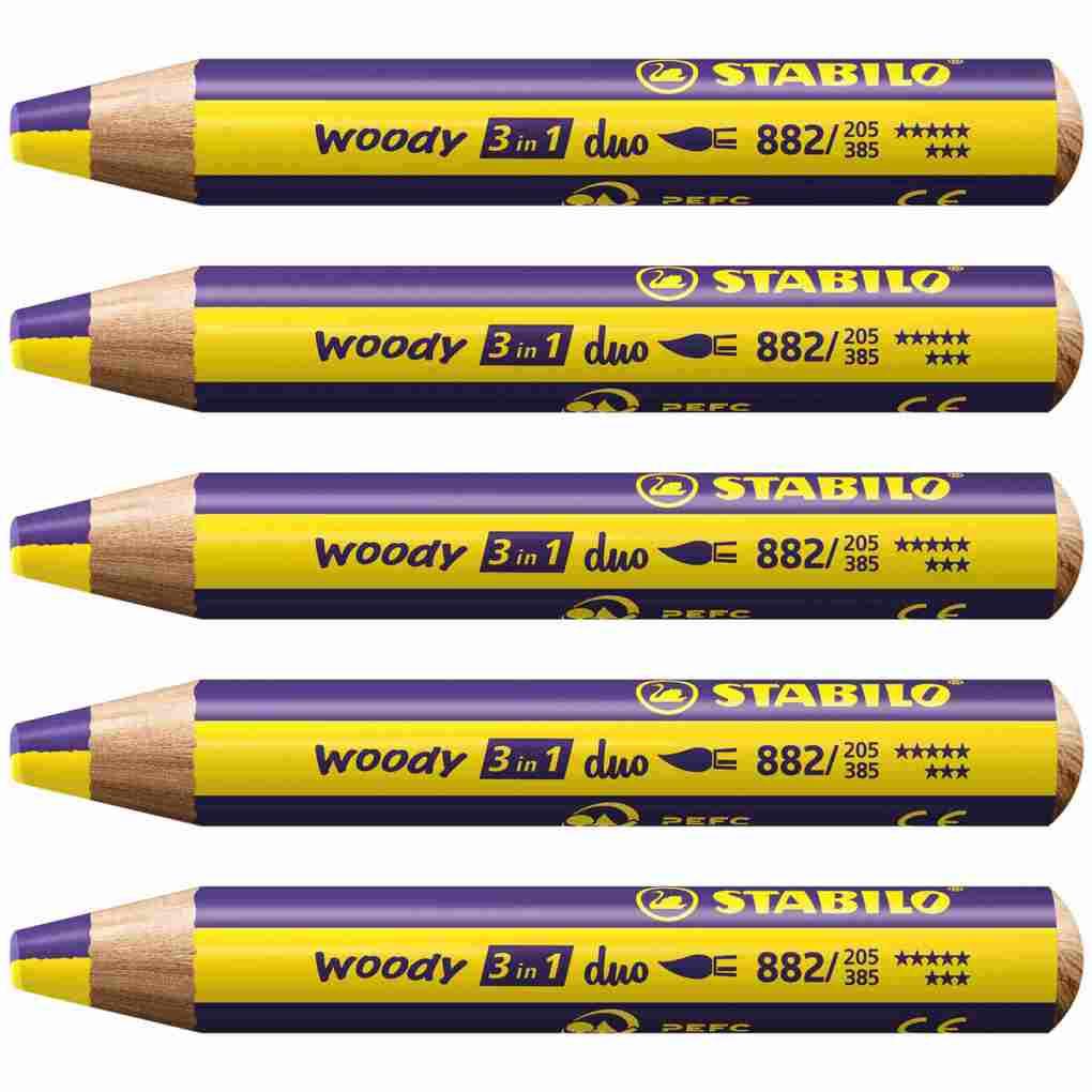 STABILO woody 3 in 1 duo - zweifarbige Mine, 5er Set gelb/violett