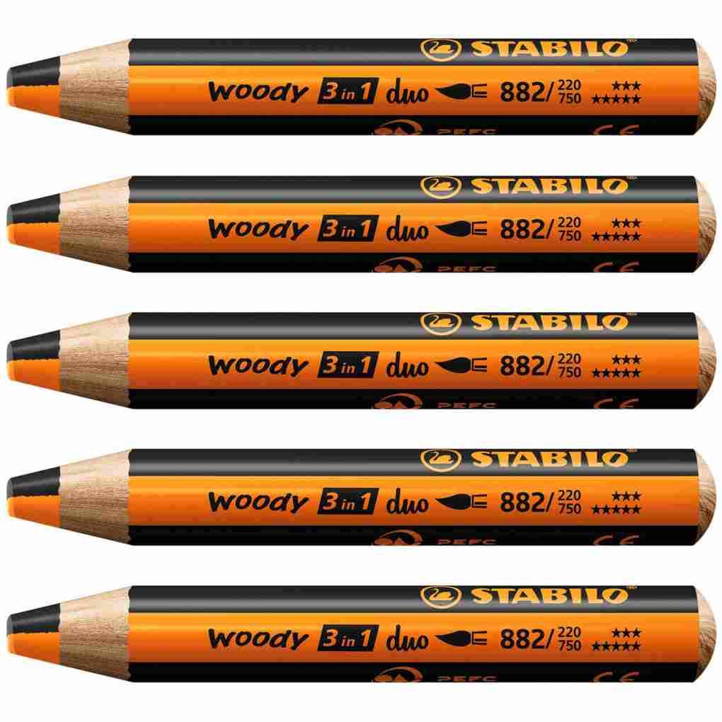 STABILO woody 3 in 1 duo - zweifarbige Mine, 5er Set orange/schwarz