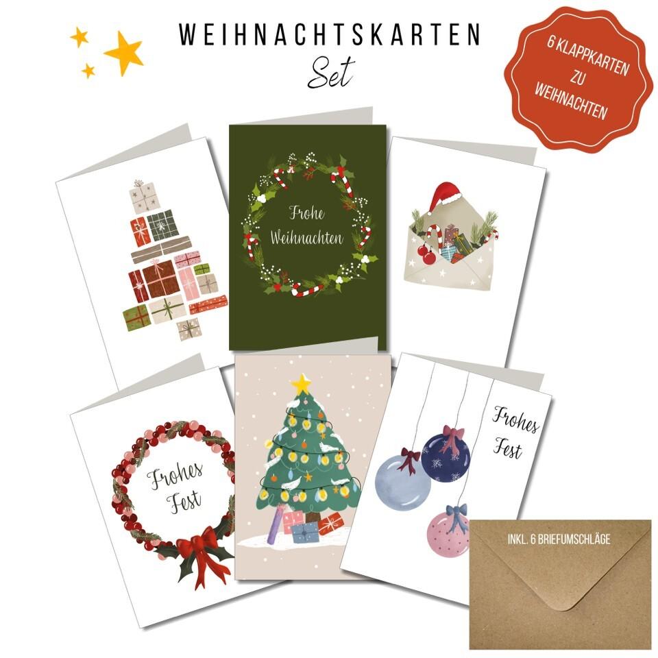 KEITCARDS Weihnachtskarten - handgezeichnete Klappkarten mit Briefumschlag, 6er Set