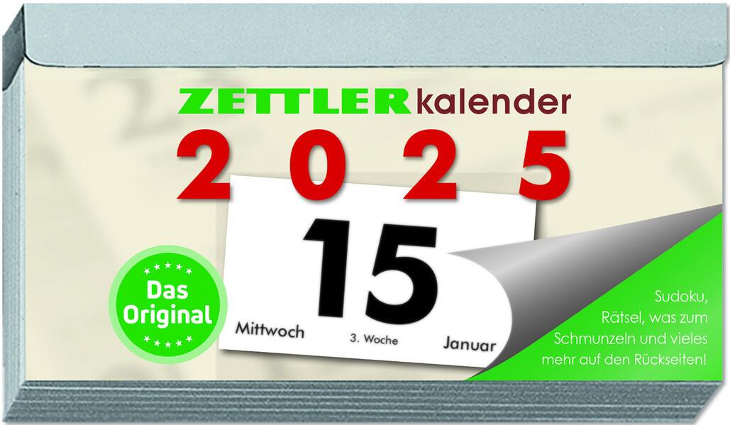 Tagesabreißkalender Q 2025 - 10,9x5,9 cm - 1 Tag auf 1 Seite - mit Sodokus, Rezepten, Rätseln uvm. auf den Rückseiten - Bürokalender 312-0000