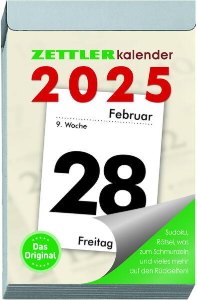 Tagesabreißkalender L 2025 - 6,6x9,9 cm - 1 Tag auf 1 Seite - mit Sudokus, Rezepten, Rätseln uvm. auf den Rückseiten - Bürokalender 304-0000