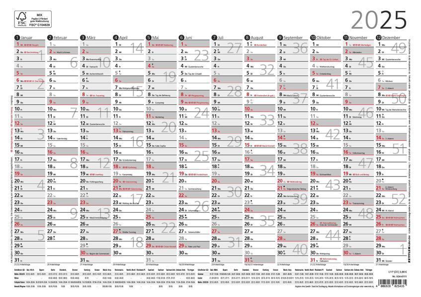 Jahresübersicht A4 12M/1S 2025 - 29,7x21 cm - gerollt - mit Arbeitstage- und Wochenzählung - Posterkalender - Jahresplaner - 934-6111